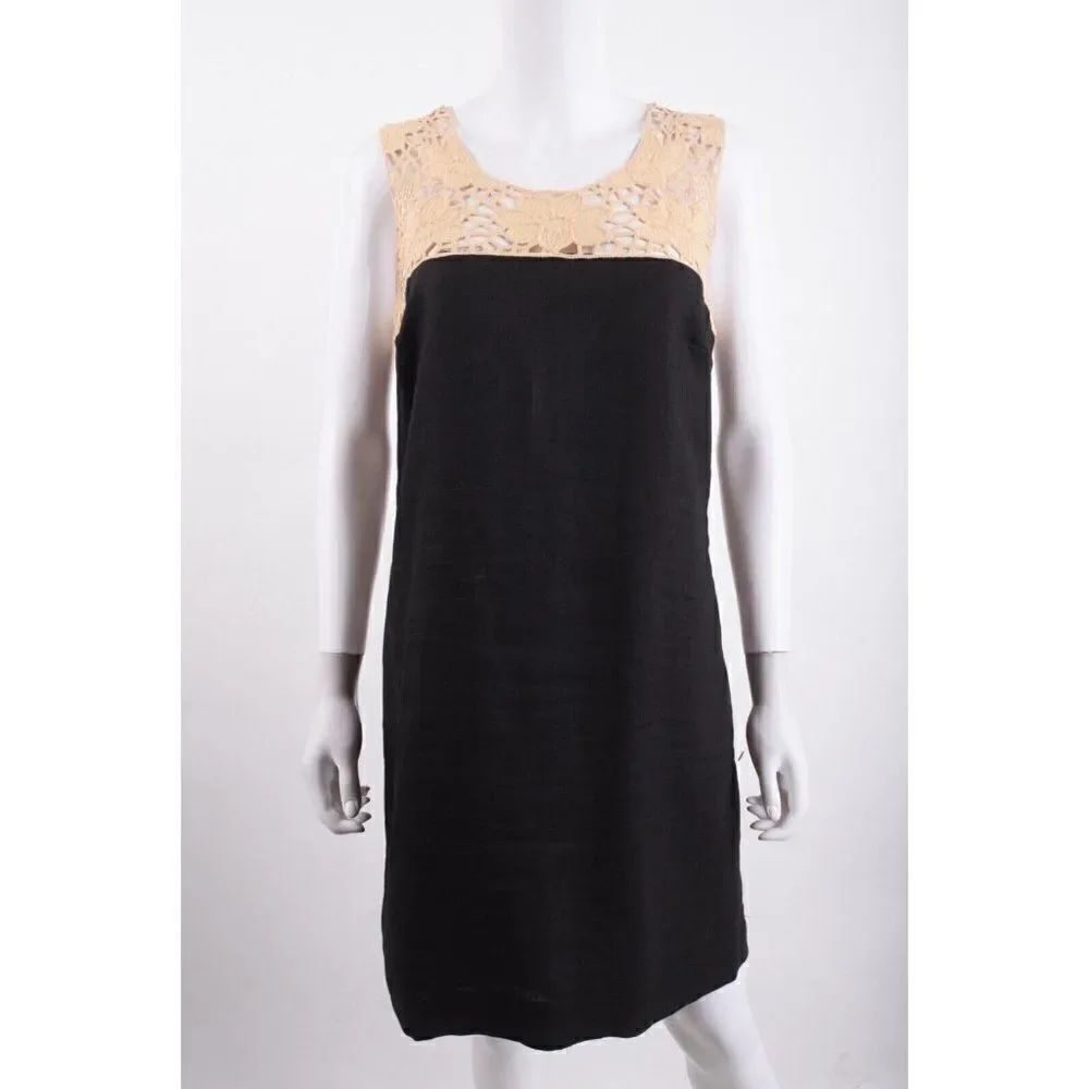 Ann Taylor Loft Womens Shift Dress Crochet Tan Black Sz 8P 8 Petite Linen Lined